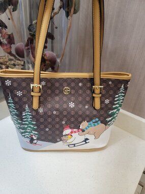 Gianni Bernini Skiing Polar Bear Faux Leather Tote Fun Holiday Handbag New Brown